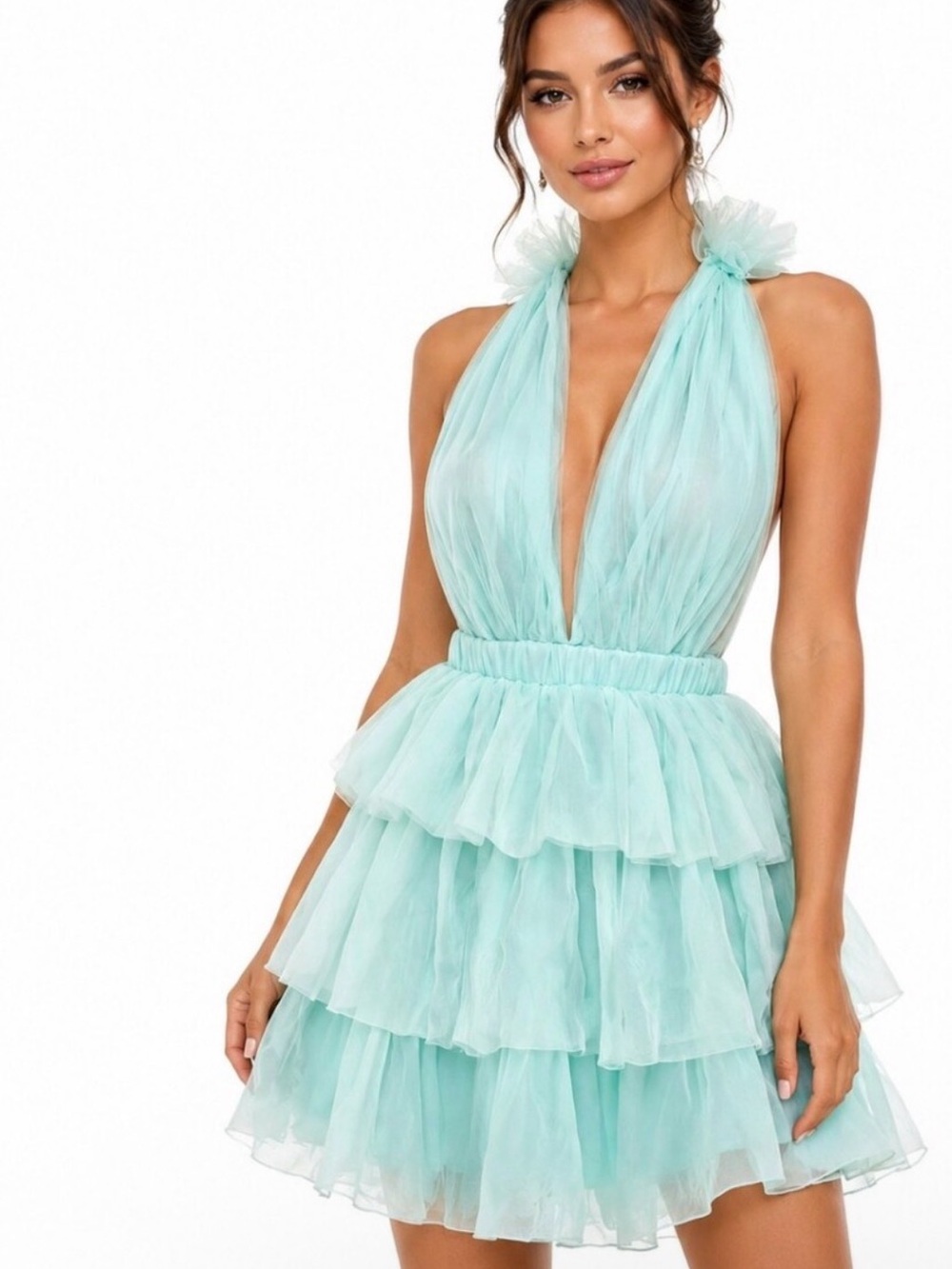 Mable mint green/ seafoam tulle tiered mini dress